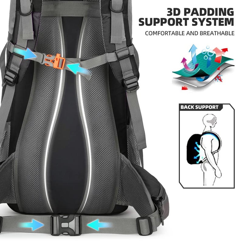 King'sGuard 70L Hiking Backpack Large Lightweight Waterproof Camping Backpack Travel Backpacking Backpack Daypack with Rain Cover -Frameless (Black) - Image 5